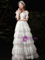 White Tulle Lace Off the Shoulder Short Sleeve Wedding Dress