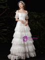 White Tulle Lace Off the Shoulder Short Sleeve Wedding Dress