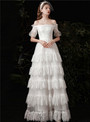 White Tulle Lace Off the Shoulder Short Sleeve Wedding Dress