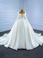 Ball Gown White Satin Long Sleeve Pearls Wedding Dress