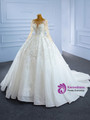 White Tulle Sequins Long Sleeve Beading Wedding Dress