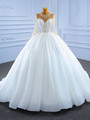 White Ball Gown Tulle Long Sleeve Sequins Beading Wedding Dress