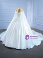 Luxury Ball Gown White Satin Long Sleeve Pearls Wedding Dress