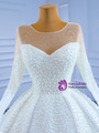 Luxury Ball Gown White Satin Long Sleeve Pearls Wedding Dress