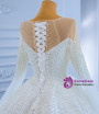 Luxury Ball Gown White Satin Long Sleeve Pearls Wedding Dress