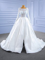 White Satin Lace Appliques Long Sleeve Beading Wedding Dress
