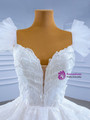 White Ball Gown Lace Sequins Tiers Wedding Dress