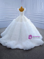 White Ball Gown Lace Sequins Tiers Wedding Dress