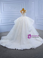 White Cap Sleeve Lace Sequins Pearls Wedding Dress
