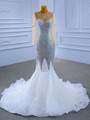 White Mermaid Long Sleeve Tulle Crystal Beading Wedding Dress