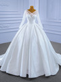 White Satin Long Sleeve V-neck Backless Wedding Dress
