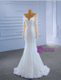 White Tulle Lace Long Sleeve Wedding Dress With Detachable Train