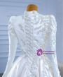 White Satin Long Sleeve Sequins Beading Wedding Dress