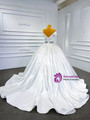 White Ball Gown Satin Off the Shoulder Pearls Crystal Wedding Dress