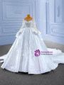 White Satin Long Sleeve Beading Sequins Pearls Wedding Dress