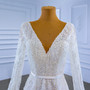 White Lace V-neck Backless Beading Long Sleeve Wedding Dress