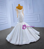 White Mermaid Satin Long Sleeve Appliques Pearls Wedding Dress
