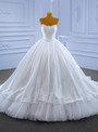 White Ball Gown Tulle Satin Strapless Pearls Wedding Dress