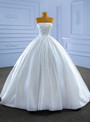 White Satin Strapless Pearls Beading Pleats Wedding Dress