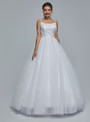 White Ball Gown Spaghetti Straps Tulle Sequins Prom Dress