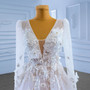 White Tulle V-neck Long Sleeve 3D Appliques Wedding Dress