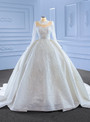 Ball Gown White Sequins Tulle Long Sleeve Wedding Dress