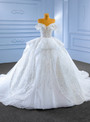 Vintage White Ball Gown Tulle Sequins Pearls Wedding Dress