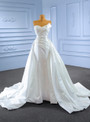 White Satin Strapless Pearls Wedding Dress