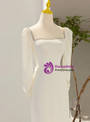 Ivory Satin Long Sleeve Square Neck Beading Wedding Dress