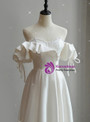 White Satin Strapless Beading Puff Sleeve Wedding Dress
