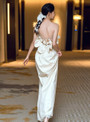 Champagne Satin Strapless 3D Flower Wedding Dress