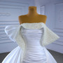 White Satin Of the Shoulder Pleats Pearls Wedding Dress
