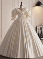 Vintage White Satin Lace Puff Sleeve Wedding Dress