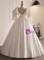 Vintage White Satin Lace Puff Sleeve Wedding Dress