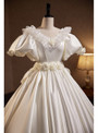 White Satin Puff Sleeve 3D Flower Wedding Dress