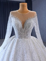 White Tulle Sequins Long Sleeve Wedding Dress With Long Train
