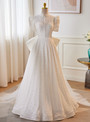 White Lace High Neck Short Sleeve Pearls Wedding Dress