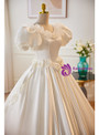 A-Line White Satin Puff Sleeve 3D Flower Wedding Dress