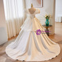 A-Line White Satin Puff Sleeve 3D Flower Wedding Dress