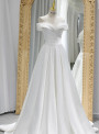White Satin Pleats Off the Shoulder Wedding Dress