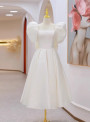 Ivory Satin Square Puff Sleeve Short Wedding Dress