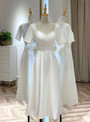 White Satin Short Sleeve Pearls Short Wedding Dress
