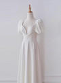 White Satin Square Puff Sleeve Pearls Wedding Dress