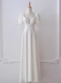 White Satin Square Puff Sleeve Pearls Wedding Dress