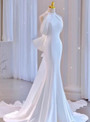 White Mermaid Satin Halter Bow Wedding Dress