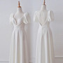 White Satin Square Puff Sleeve Pleats Pearls Wedding Dress