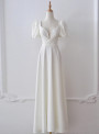 White Satin Square Puff Sleeve Pleats Pearls Wedding Dress