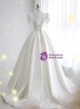 White Satin V-neck Puff Sleeve Backless Wedding Dress