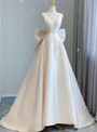 Ivory Satin V-neck Backless Wedding Dress With Bow