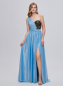 Blue One Shoulder Beading Pleats Split Prom Dress